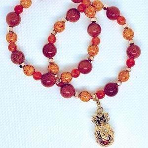 Set of Women’s Orange and Coral Beaded Tropical Bracelets- Pineapple Charm